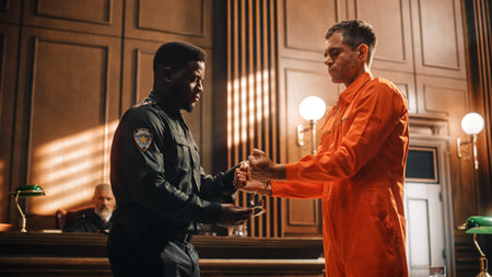 Cinematic Court of Law and Justice Trial Proceedings: Sad Accused Male Criminal in Orange Jumpsuit Handcuffed and Led Away by Security Guard in Frontの写真素材