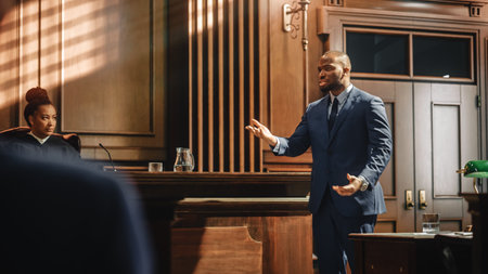 Court of Justice and Law Trial: Male Public Defender Presenting Case, Making Passionate Speech to Judge, Jury. African American Attorney Lawyerの写真素材