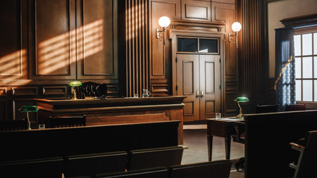 Empty American Style Courtroom. Supreme Court of Law and Justice Trial Stand. Courthouse Before Civil Case Hearing Starts. Grand Wooden Interior withの写真素材