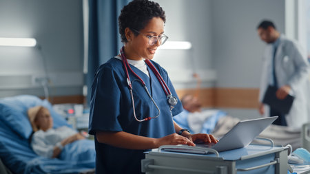 Hospital Ward: Professional Smiling Black Female Head Nurse or Doctor Wearing Stethoscope Uses Medical Computer. In the Background Patients in Bedsの写真素材