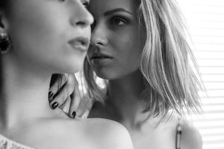 closeup portrait of 2 hugging pretty ladies in underwear. glamor pinup best girlfriends having fun posing embracing on sun lighted window blinds background, black & white pictureの写真素材