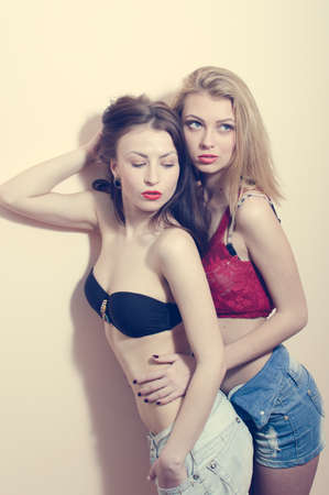 portrait of two glamor sexy romantic beautiful young women in jeans shorts having fun & good time hugging each other on light copy space backgroundの写真素材