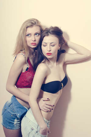 2 glamor sexy romantic beautiful young women in jeans shorts having fun and good time hugging each other on light copy space backgroundの写真素材