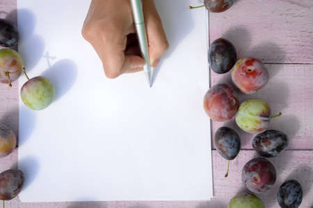 Hand writing on clear sheet of paper lying between plums.  Pale lilac planks background can be used for copy space.の写真素材