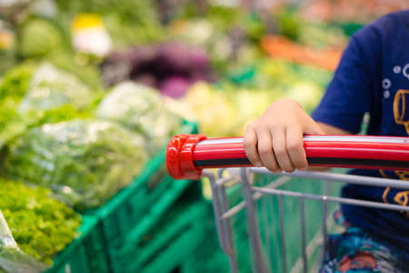 Picture of red handle shopping cart with boy's hand. Part view of young customer in handcart on blurred green vegetables store indoor background.の写真素材