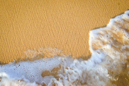 Picture of seaside with golden sand and surf. Top view of sunny beach with sea wave as joyful relax...