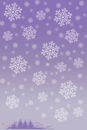 Picture of white snowflakes and little Christmas trees on blurred purple background. Vertical digital wintertime festive background.の写真素材