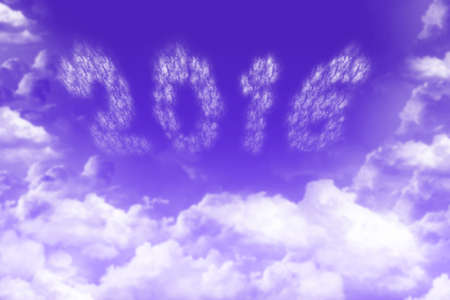 Picture of white clouds on bright purple sky background. 2016 image shaped from little clouds.の写真素材