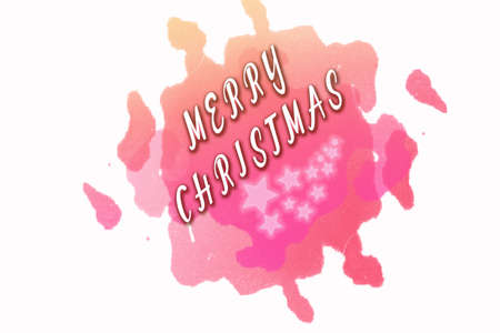 Picture of bright pink and cadmium orange spot with Merry Christmas greetings and stars. Digital winter holiday theme on white background.の写真素材