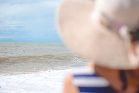 Back view of elegant beautiful female in dress and straw hat on the beach. Sunny blue sky backgroundの写真素材