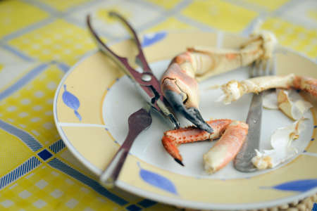 Closeup on crab with utensils on the table background. Exotic dish