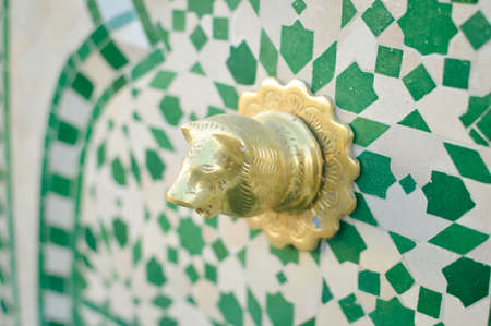 Closeup picture of lion head waterfall decorating on the wall outsideの写真素材
