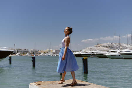 Portrait of elegant beautiful young lady on marina pier sunny day outdoors background