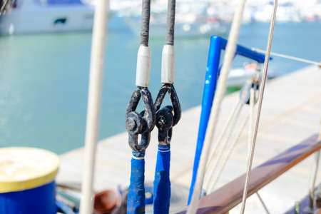 Sailing ship detail closeup image of rope, marine outdoors backgroundの写真素材