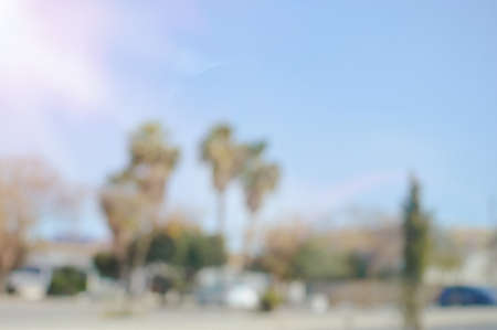 Abstract blurred view of green trees and building bright outdoors backgroundの写真素材