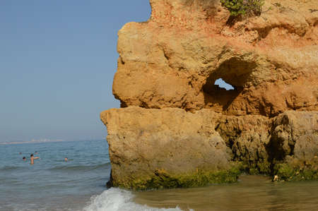 Atlantic ocean view of Algarve coastline. Beautiful seascape sunny beach in Lagos Portugal. Dream vacation picturesque destination. Serenity location for relaxation and contemplation.の写真素材