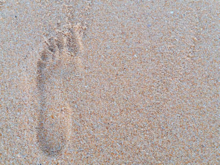 Natural background of human footprint in the wet sandy seaside. Close-up photography on relaxation sign idea designの写真素材
