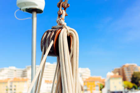 Sailing ship detail closeup image of rope, marine outdoors backgroundの写真素材
