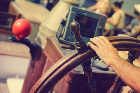 Closeup maritime equipment detail of deck, ropes on sailing boat, abstract transportation backgroundの写真素材