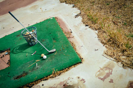 Abandoned golf course old grass natural view outdoors scenery background. Rural dirty closed down golfing club nature countryside landscapeの写真素材