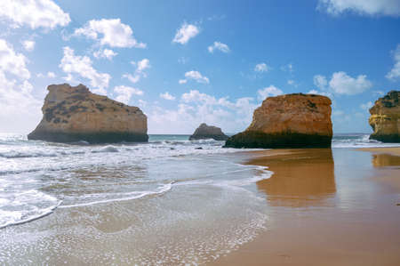 Landscape of the rocks, cliffs and ocean beach coastline Algarve Portugal, Europe. Sunny day, 2018. Panoramic nature beauty seascape, sunshine viewの写真素材