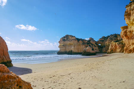 Landscape of the rocks, cliffs and ocean beach coastline Algarve Portugal, Europe. Sunny day, 2018. Panoramic nature beauty seascape, sunshine viewの写真素材