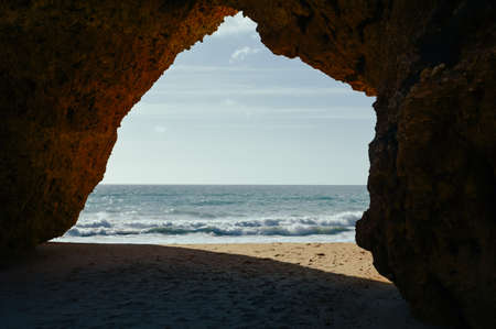 Landscape of the rocks, cliffs and ocean beach coastline Algarve Portugal, Europe. Sunny day, 2018. Panoramic nature beauty seascape, sunshine viewの写真素材