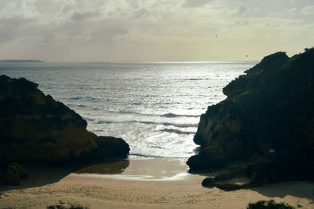 Landscape of the rocks, cliffs and ocean beach coastline Algarve Portugal, Europe. Sunny day, 2018. Panoramic nature beauty seascape, sunshine viewの写真素材