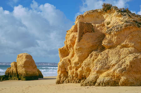 Sunny day, ocean cliffs, sand beach panorama view seascape outdoor backgroundの写真素材