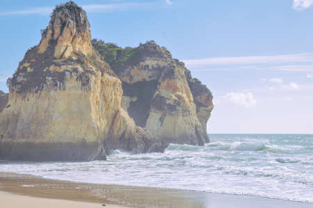 Sunny day, ocean cliffs, sand beach panorama view seascape outdoor backgroundの写真素材