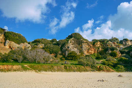 Sunny day, ocean cliffs, sand beach panorama view seascape outdoor backgroundの写真素材