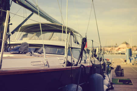 Detail of sailboat, romantic travel leisure outdoors background. Luxury lifestyle sail yachting. Sea harbor cruise freedom conceptの写真素材