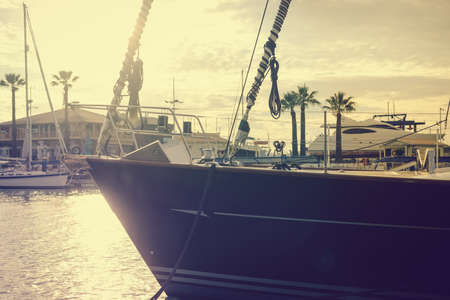 Detail of sailboat, romantic travel leisure outdoors background. Luxury lifestyle sail yachting. Sea...