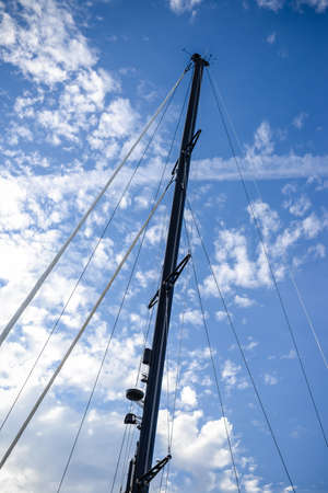 Detail of sailboat, romantic travel leisure outdoors background. Luxury lifestyle sail yachting. Sea harbor cruise freedom conceptの写真素材