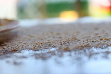 Top side view on white flour on rustic wooden table background, closeup of healthy cooking copyspace surface at home or restaurantの写真素材