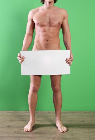 Men holding blank signs, for any of your labelsの写真素材