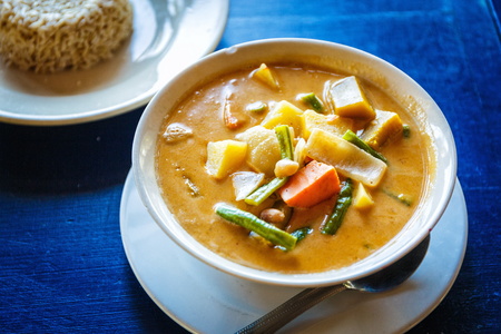 Thai soup and rice on table in restaurant in Thailandの写真素材