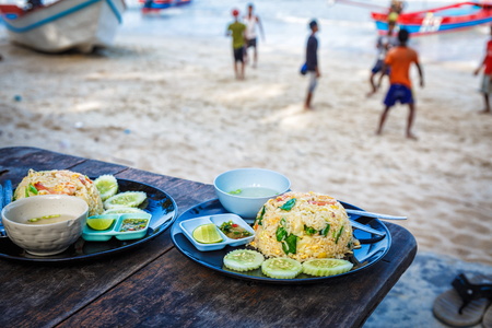 Fried rice thai style on the beach in Thailandの写真素材