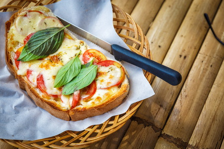 Italian bruschetta with tomatoes, basil and cheese on grilled crusty bread