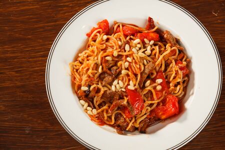 Pasta with meatの写真素材