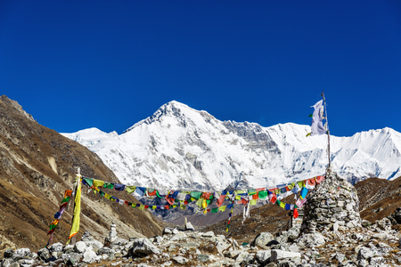 Colorful flags in the mountains of Nepalの写真素材