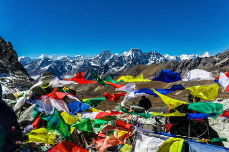 Colorful flags in the mountains of Nepalの写真素材