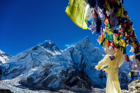 Colorful flags in the mountains of Nepalの写真素材