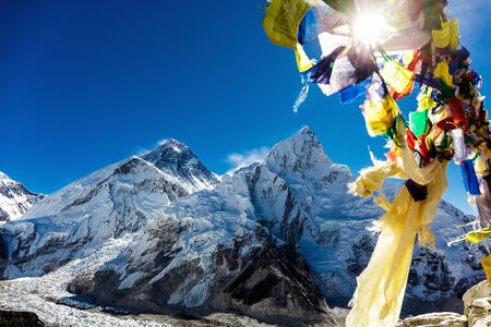 Colorful flags in the mountains of Nepalの写真素材