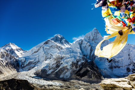 Colorful flags in the mountains of Nepalの写真素材