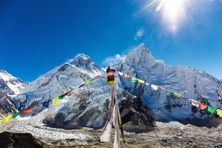 Colorful flags in the mountains of Nepalの写真素材