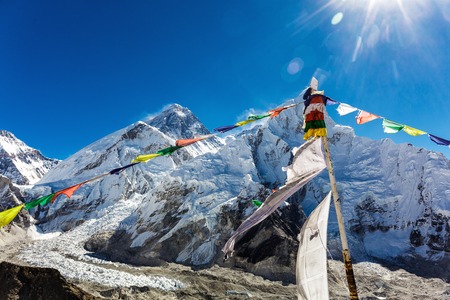 Colorful flags in the mountains of Nepalの写真素材