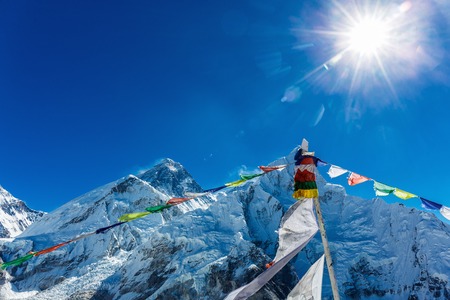 Colorful flags in the mountains of Nepalの写真素材