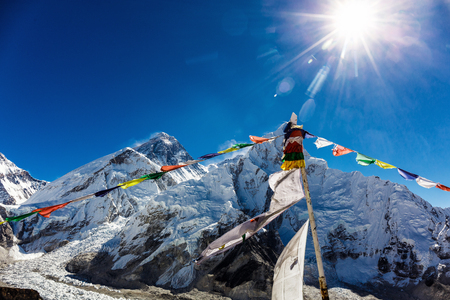 Colorful flags in the mountains of Nepalの写真素材