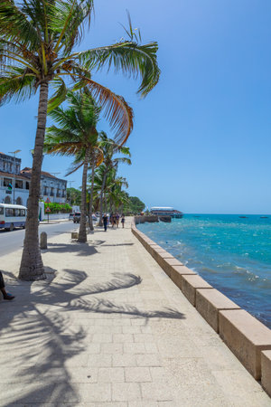 Sea view from the city. Beautiful beach with green palm trees of the city of Zanzibarの写真素材